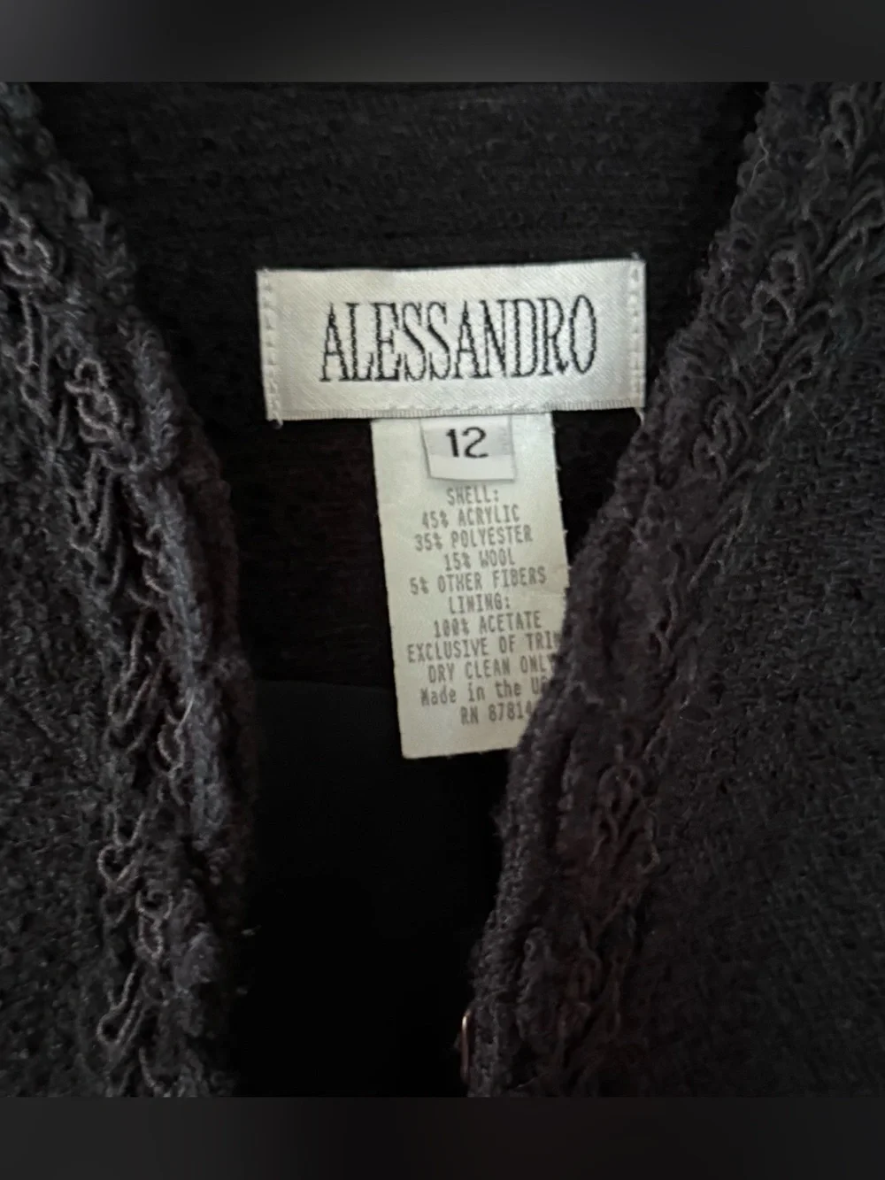 Vintage Alessandro Black Open-Front Textured Braided-Trim Blazer Jacket -Size 12